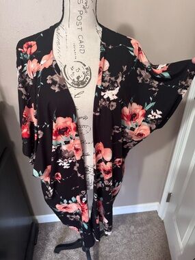 Black Floral Kimono with Coral Roses